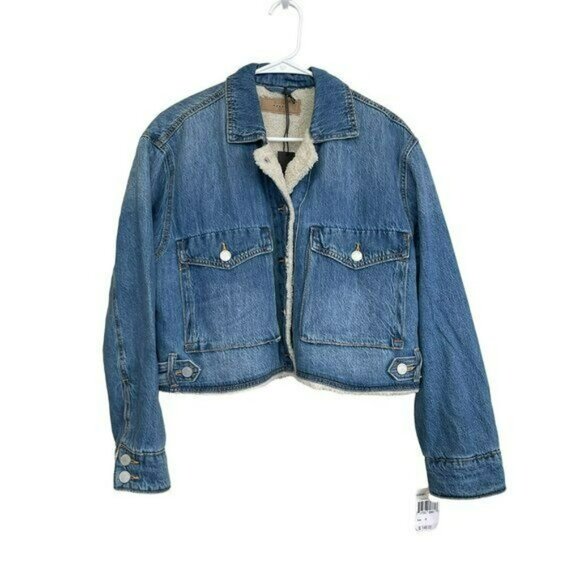Blank NYC $148 Faux Fur Sherpa Lined Crop Denim Jacket Size Small NWT - Picture 4 of 9